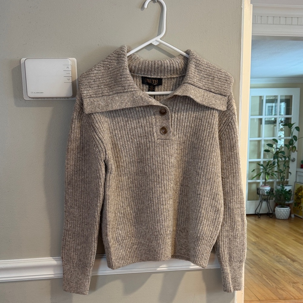 Truth Taupe Button-Up Ribbed Collar Sweater